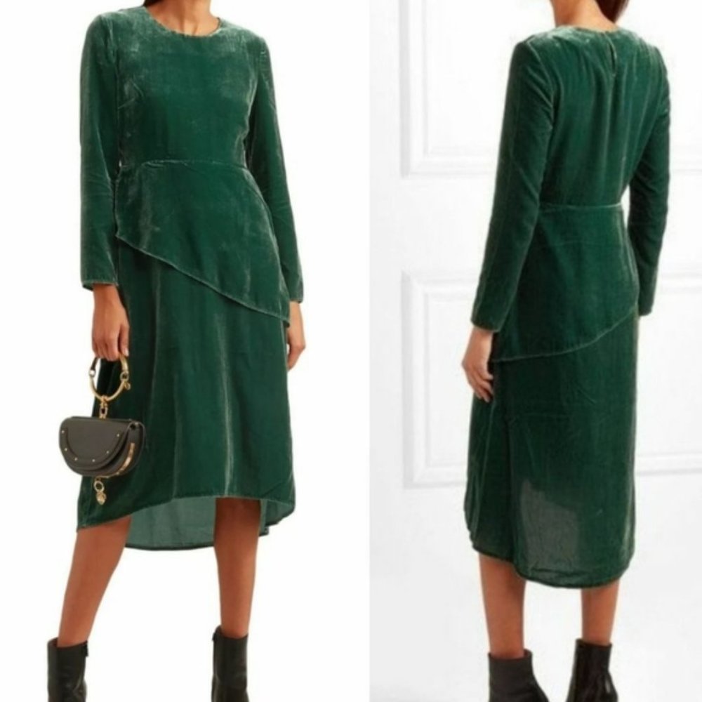 MAJE emerald green velvet Remanio asymmetrical peplum midi dress
